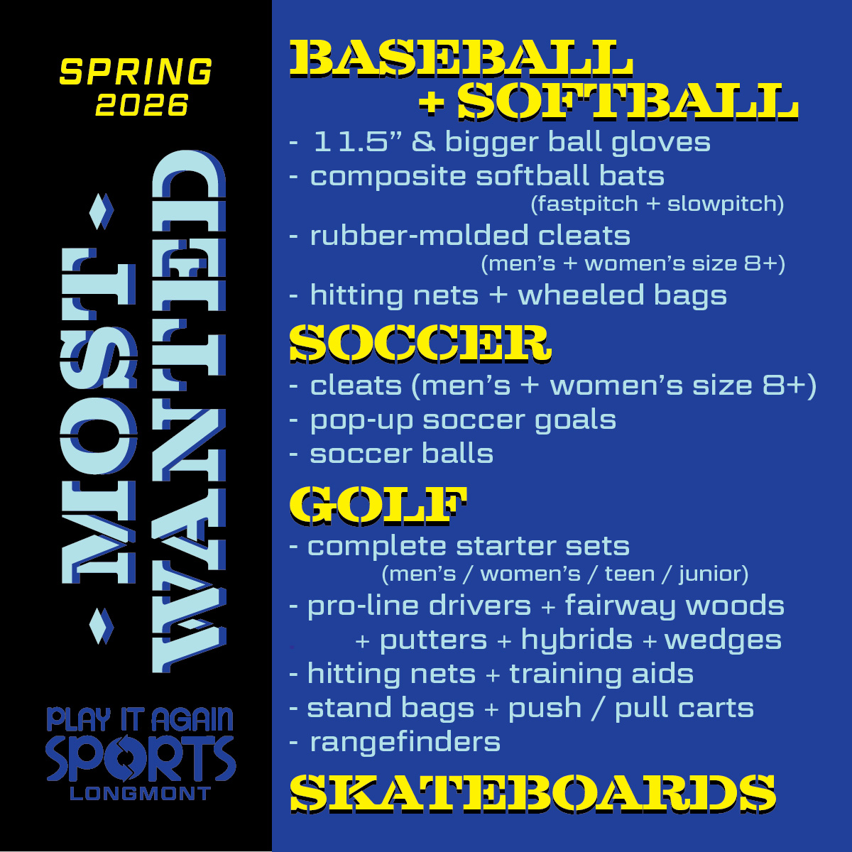 list of the most wanted items the store is looking to buy from customers including baseball softball golf and soccer gear plus skateboards